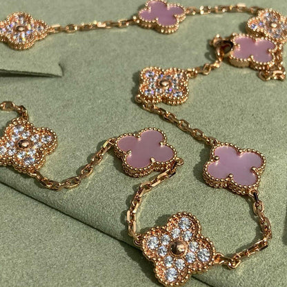 [Lumi Jewels]CLOVER 10 MOTIFS DIAMOND PINK MOP NECKLACE