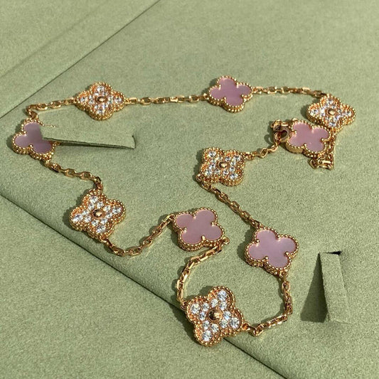 [Lumi Jewels]CLOVER 10 MOTIFS DIAMOND PINK MOP NECKLACE