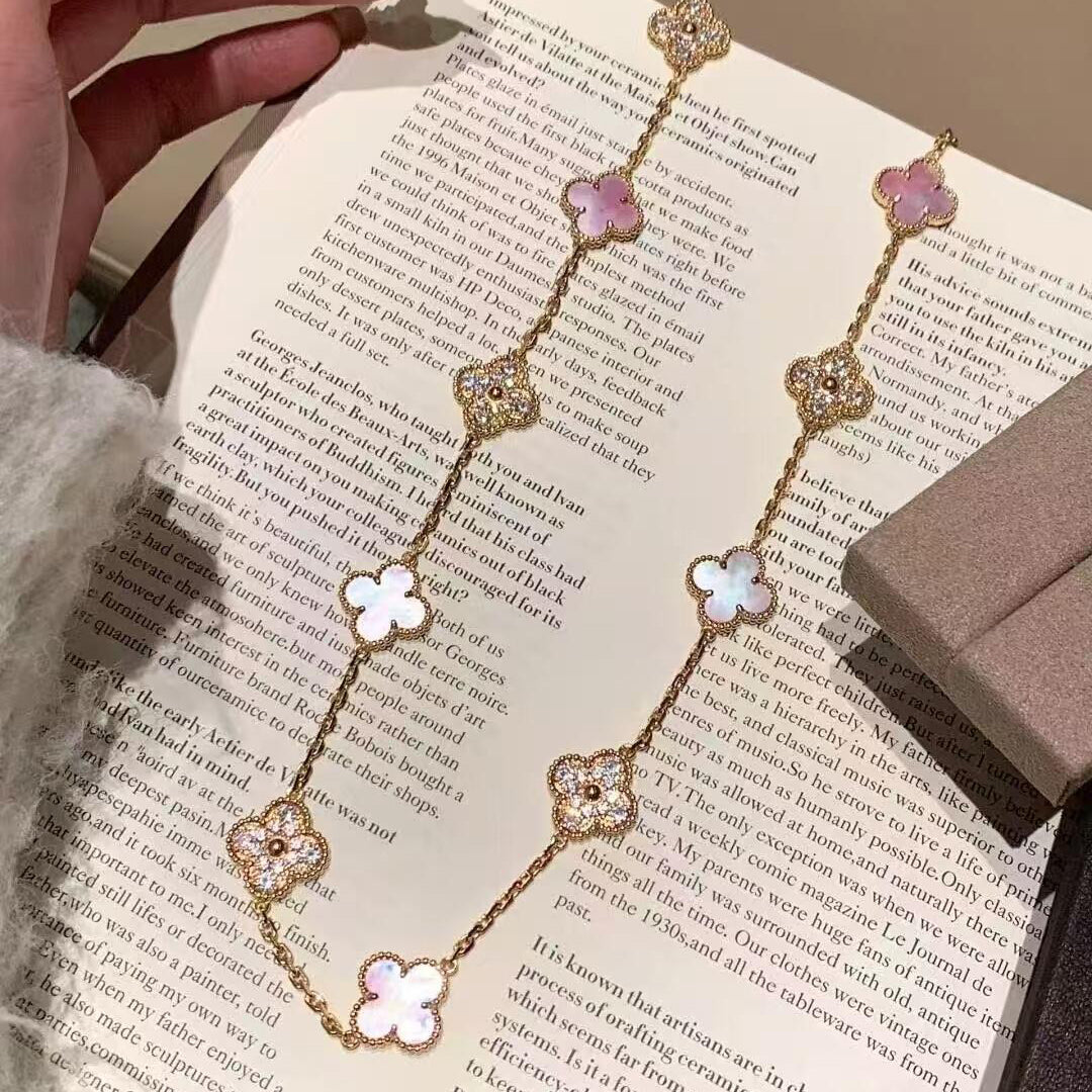 [Lumi Jewels]CLOVER 20 MOTIFS DIAMOND PINK MOP NECKLACE