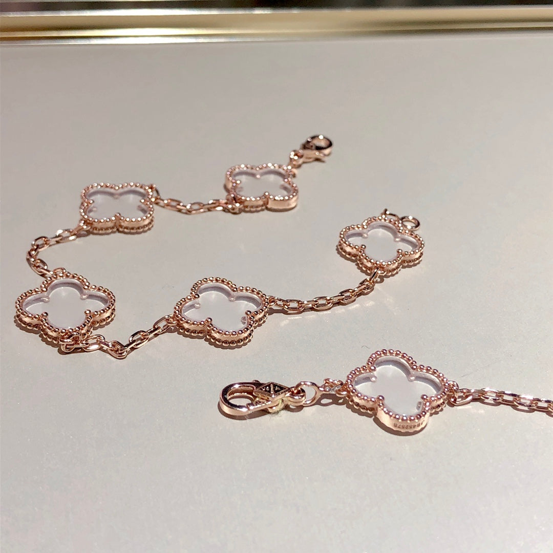 [Lumi Jewels]CLOVER 5 MOTIF ROCK CRYSTAL PINK GOLD BRACELET