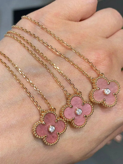 [Lumi Jewels]CLOVER 15MM DIAMOND RHODONITE NECKLACE