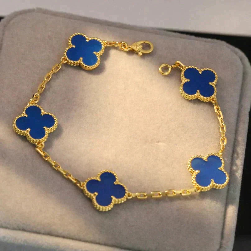 [Lumi Jewels]BRACELET TRÈFLE 5 MOTIFS AGATE BLEUE