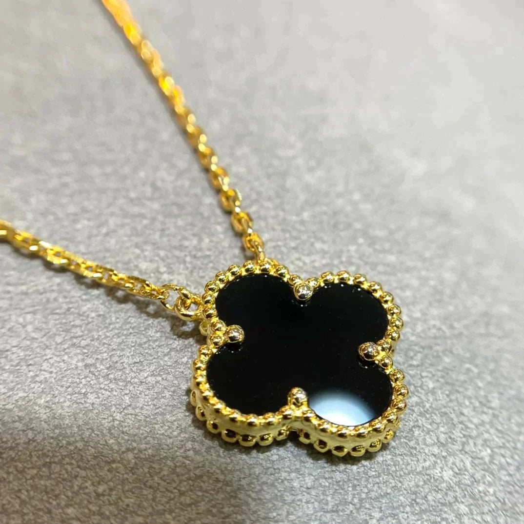 [Lumi Jewels]CLOVER 15MM BLACK ONYX SINGLE FLOWER NECKLACE