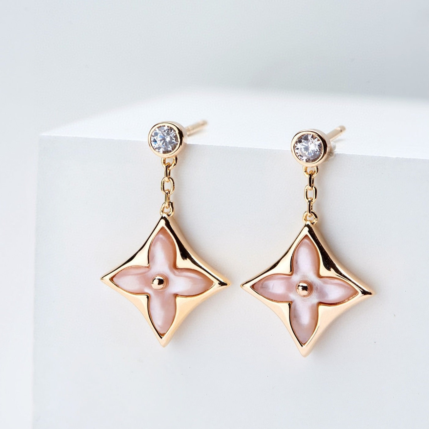 [Lumi Jewels]DOUBLE STAR PINK GOLD MOP DROP EARRINGS