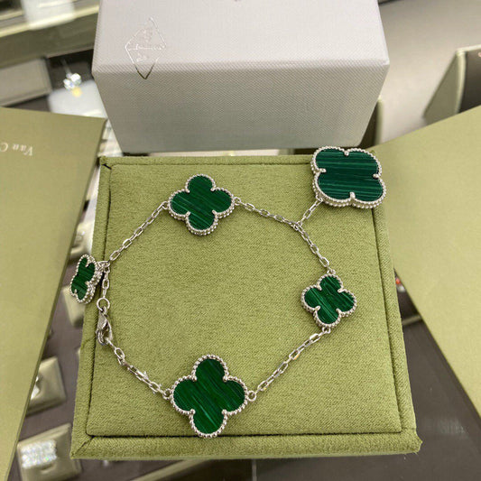 [Lumi Jewels]CLOVER 5 MOTIFS SIVLER MALACHITE BRACELET