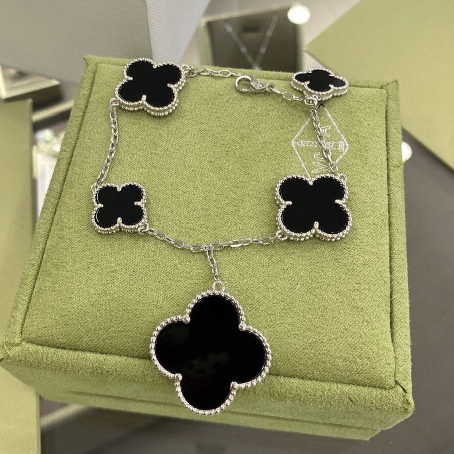 [Lumi Jewels]CLOVER 5 MOTIFS SIVLER ONYX BRACELET