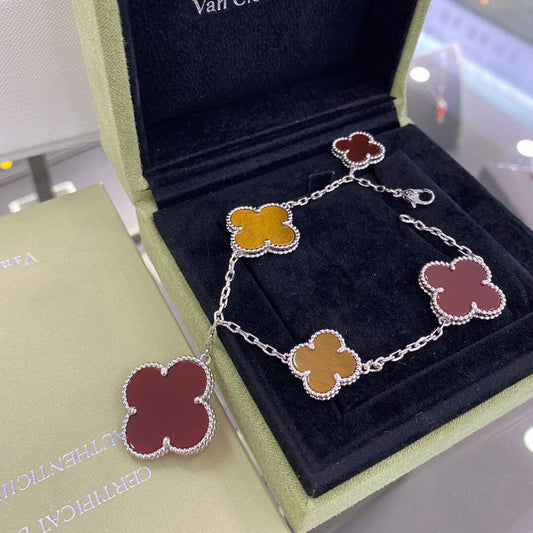 [Lumi Jewels]CLOVER 5 MOTIFS SIVLER CARNELIAN TIGER EYE BRACELET