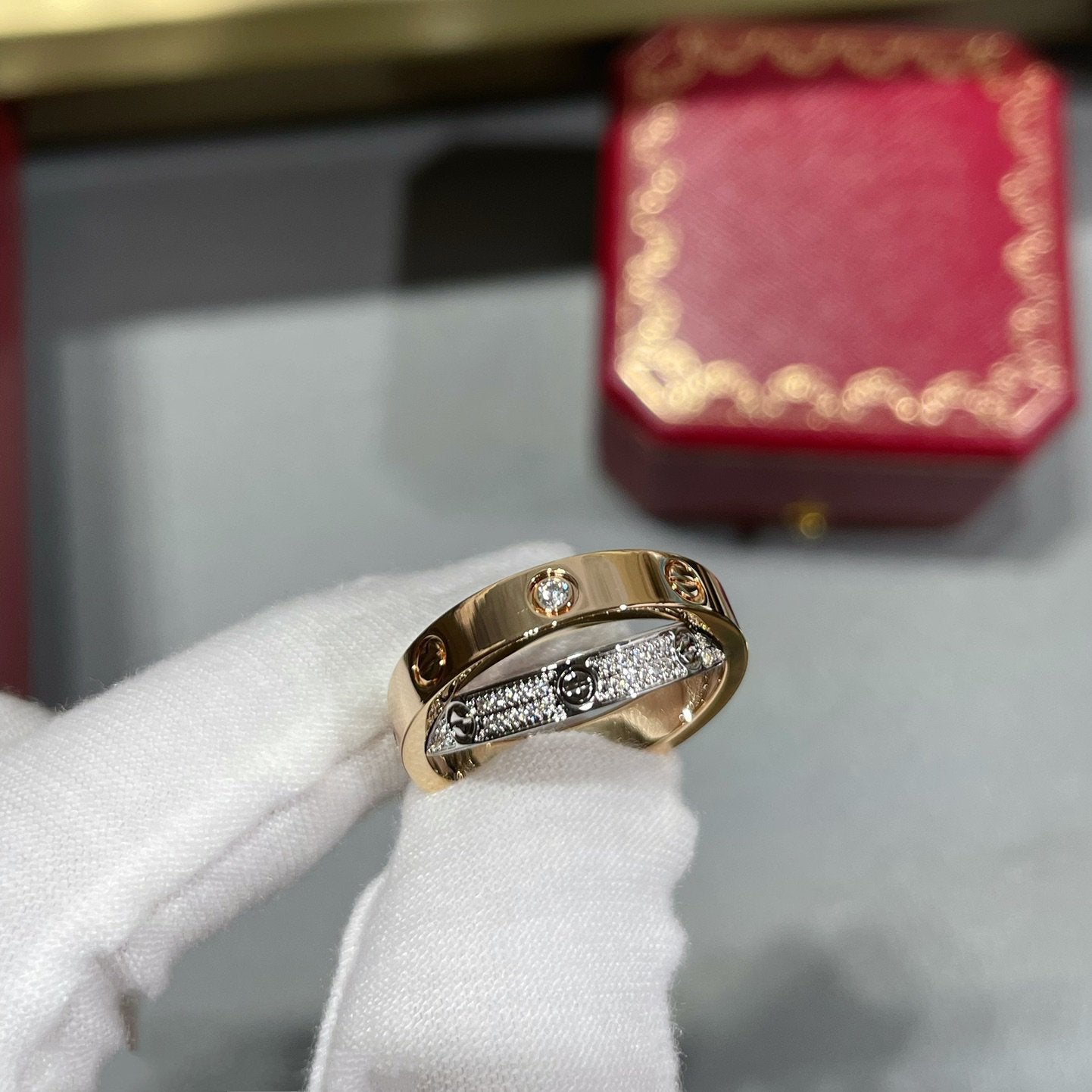 [Lumi Jewelery]LOVE PINK GOLD SILVER DIAMOND DOUBLE RING