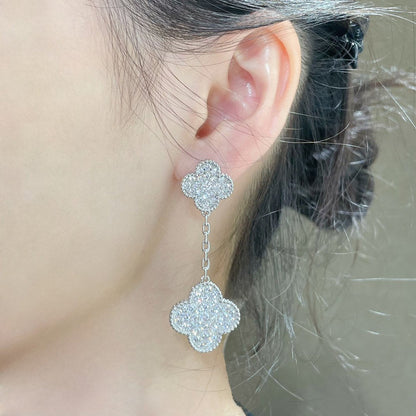 [Lumi Jewels]CLOVER 2 MOTIFS DIAMOND PAVED SILVER EARRINGS