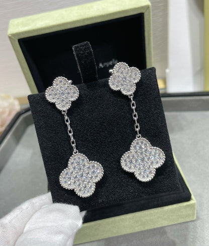 [Lumi Jewels]CLOVER 2 MOTIFS DIAMOND PAVED SILVER EARRINGS