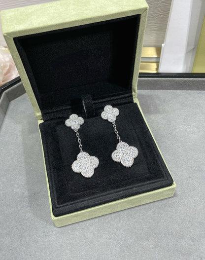 [Lumi Jewels]CLOVER 2 MOTIFS DIAMOND PAVED SILVER EARRINGS