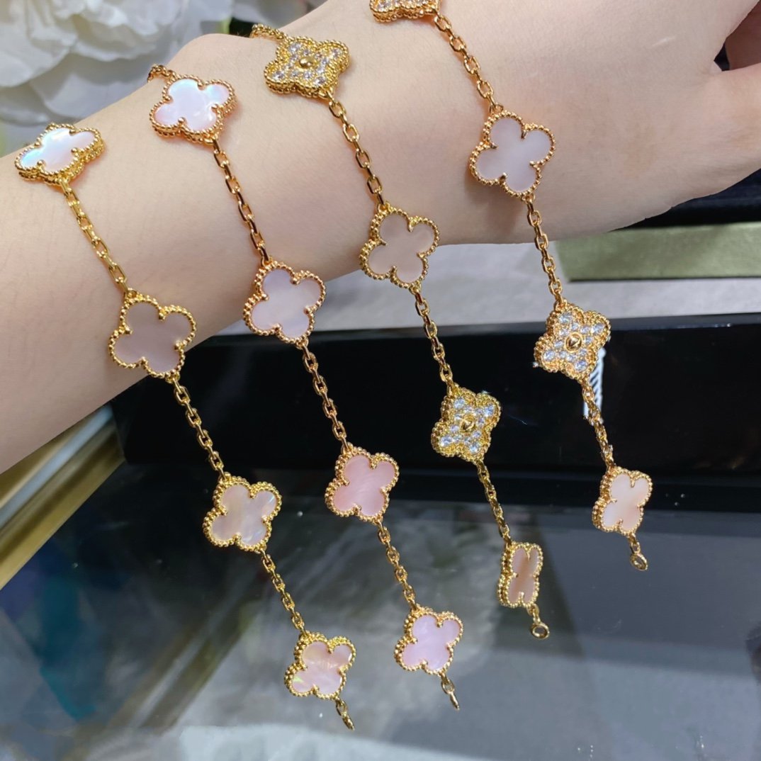 [Lumi Jewels]CLOVER 5 MOTIF DIAMOND PINK MOP PINK GOLD BRACELET