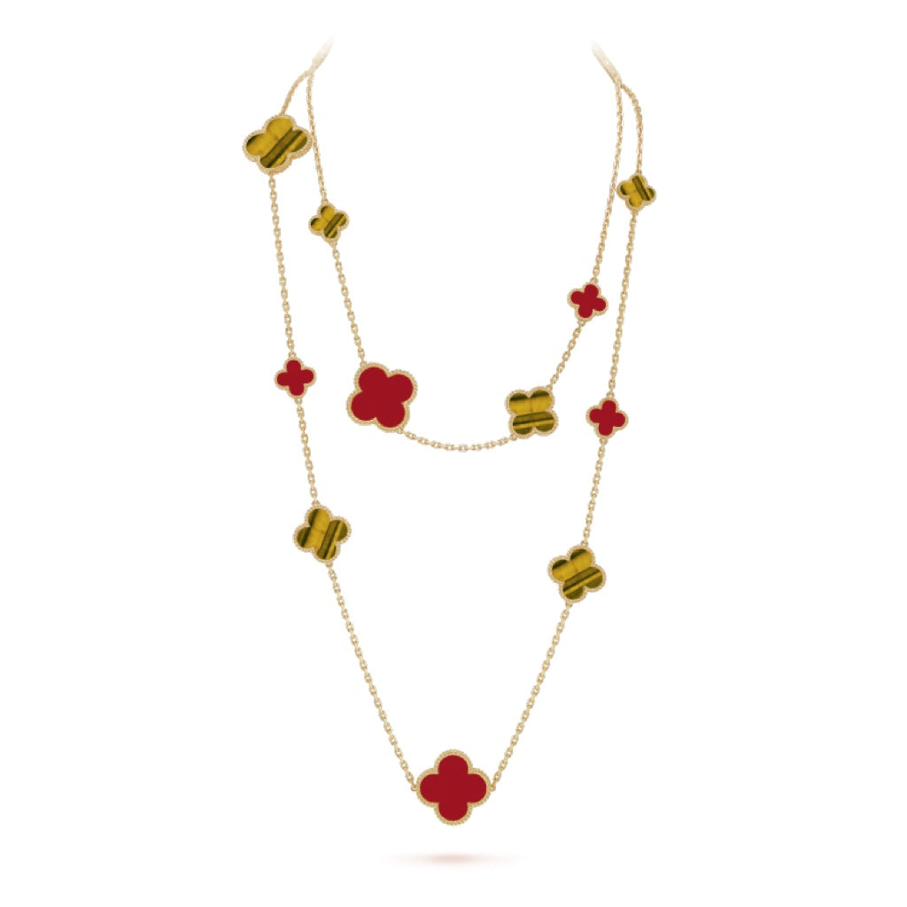 [Lumi Jewels]CLOVER 16 MOTIF CARNELIAN TIGER EYE ROSE GOLD NECKLACE