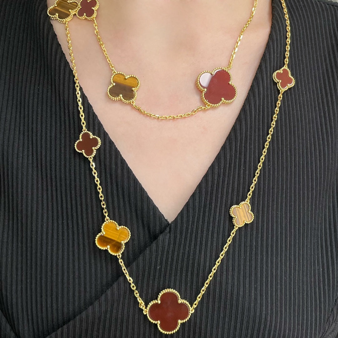 [Lumi Jewels]CLOVER 16 MOTIF CARNELIAN TIGER EYE ROSE GOLD NECKLACE