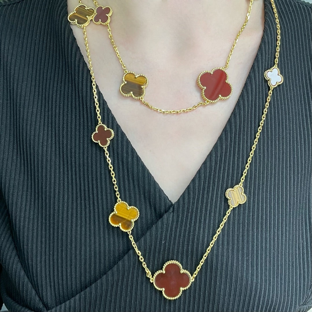[Lumi Jewels]CLOVER 16 MOTIF CARNELIAN TIGER EYE ROSE GOLD NECKLACE
