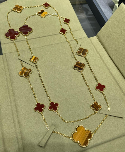 [Lumi Jewels]CLOVER 16 MOTIF CARNELIAN TIGER EYE ROSE GOLD NECKLACE