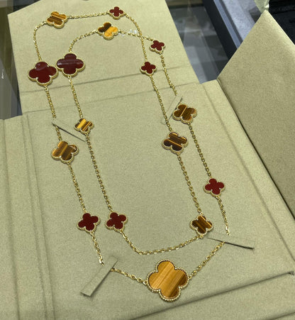 [Lumi Jewels]CLOVER 16 MOTIF CARNELIAN TIGER EYE ROSE GOLD NECKLACE