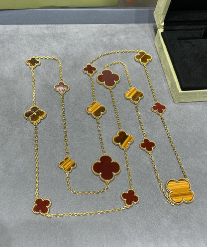 [Lumi Jewels]CLOVER 16 MOTIF CARNELIAN TIGER EYE ROSE GOLD NECKLACE