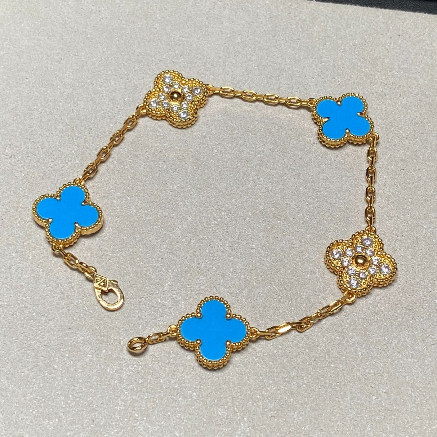 [Lumi Jewels]CLOVER 5 MOTIF BLUE CHALCEDONY DIAMOND GOLD BRACELET