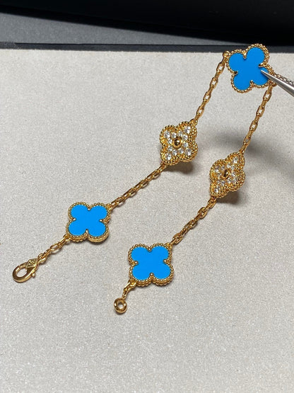 [Lumi Jewels]CLOVER 5 MOTIF BLUE CHALCEDONY DIAMOND GOLD BRACELET