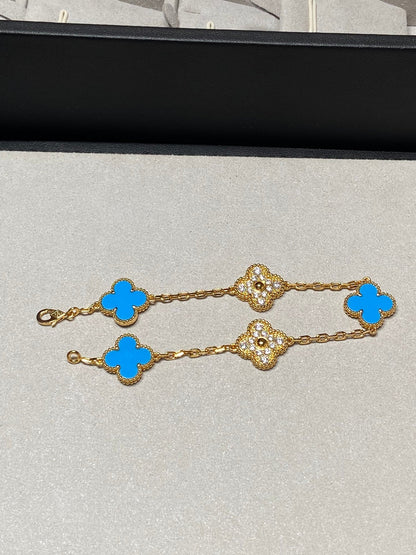 [Lumi Jewels]CLOVER 5 MOTIF BLUE CHALCEDONY DIAMOND GOLD BRACELET
