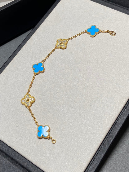 [Lumi Jewels]CLOVER 5 MOTIF BLUE CHALCEDONY DIAMOND GOLD BRACELET