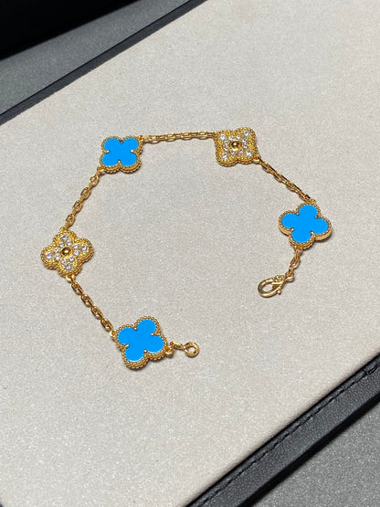 [Lumi Jewels]CLOVER 5 MOTIF BLUE CHALCEDONY DIAMOND GOLD BRACELET