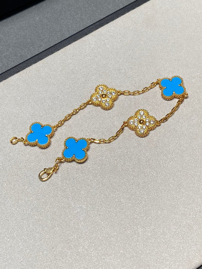 [Lumi Jewels]CLOVER 5 MOTIF BLUE CHALCEDONY DIAMOND GOLD BRACELET