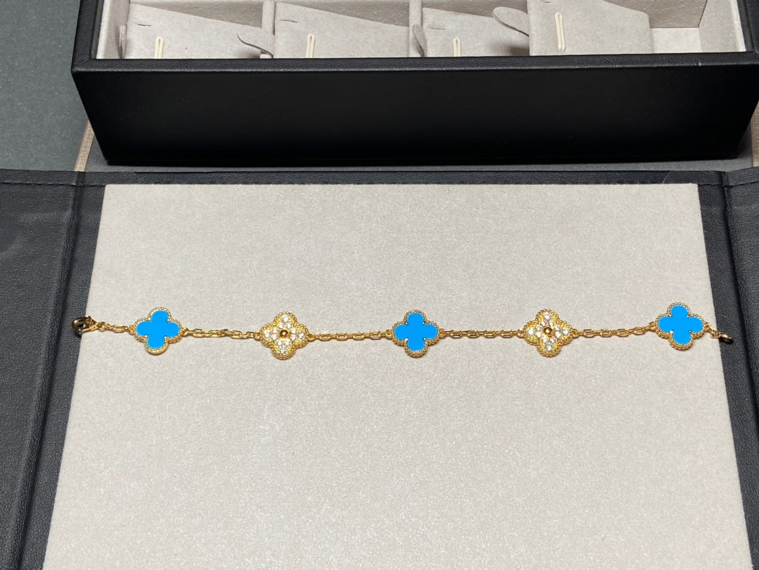 [Lumi Jewels]CLOVER 5 MOTIF BLUE CHALCEDONY DIAMOND GOLD BRACELET