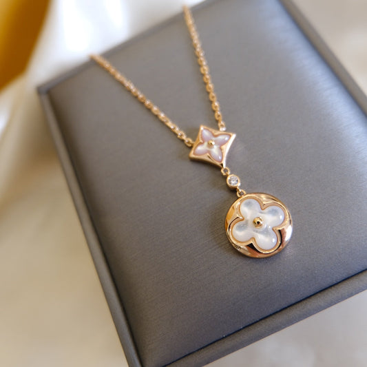 [Lumi Jewels]STAR AND SUN WHITE MOP 2 MOTIF PINK GOLD NECKLACE