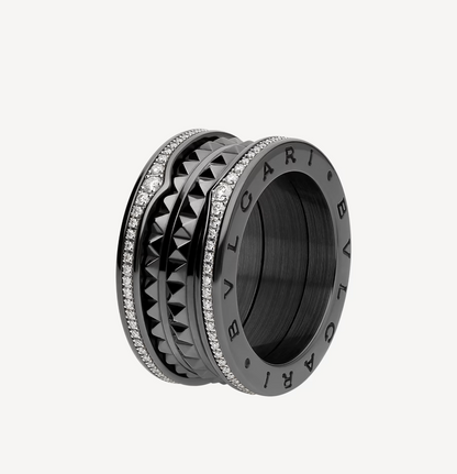 [Lumi Jewels]ZERO 1 ROCK FOUR-BAND BLACK CERAMIC WITH STUDDED SPIRAL AND PAVED DIAMONDS RING