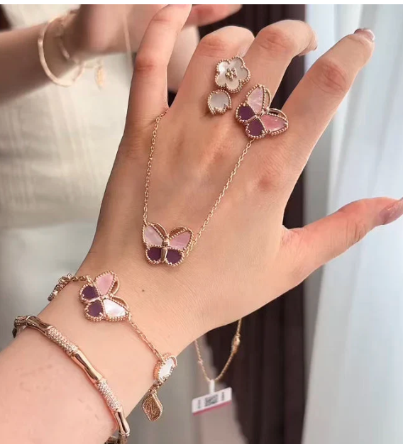 [Lumi Jewellery]Purple Mother-of-Pearl Butterfly & Flower Open Ring