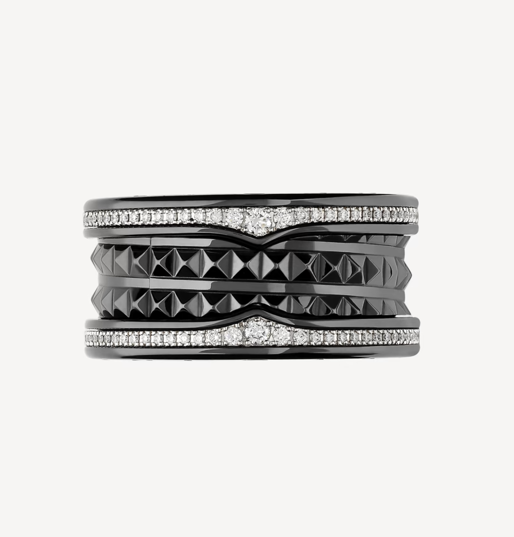 [Lumi Jewels]ZERO 1 ROCK FOUR-BAND BLACK CERAMIC WITH STUDDED SPIRAL AND PAVED DIAMONDS RING