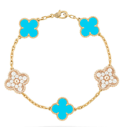 [Lumi Jewels]CLOVER 5 MOTIF TURQUOISE DIAMOND GOLD BRACELET