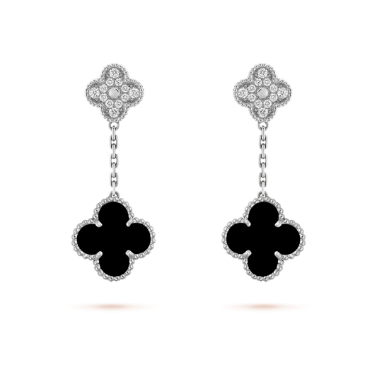 [Lumi Jewels]CLOVER 2 MOTIFS  DIAMOND ONYX EARRINGS SILVER