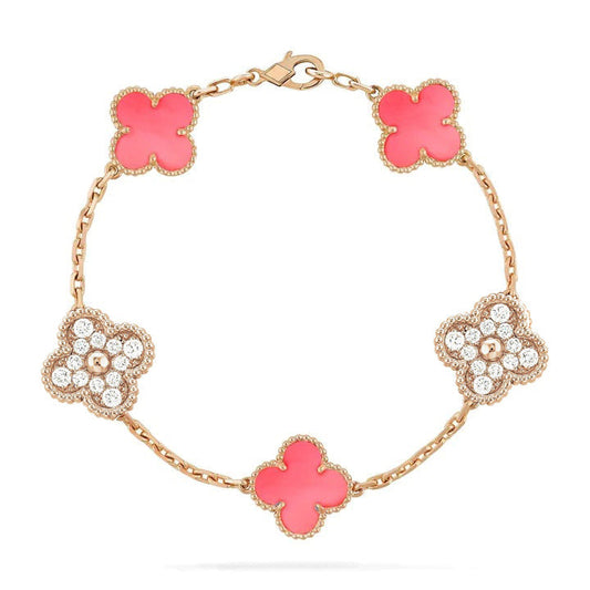[Lumi Jewels]BRACELET TRÈFLE 5 MOTIFS DIAMANT NACRE ROSE OR ROSE