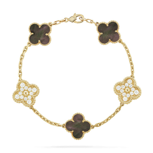 [Lumi Jewels]BRACELET TRÈFLE 5 MOTIFS EN NACRE GRISE ET DIAMANTS