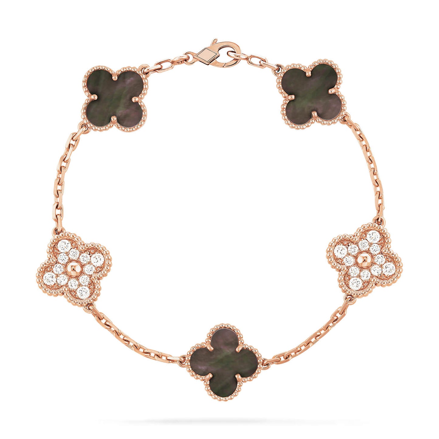 [Lumi Jewels]BRACELET CLOVER 5 MOTIFS Nacre Noire et Diamants Or Rose