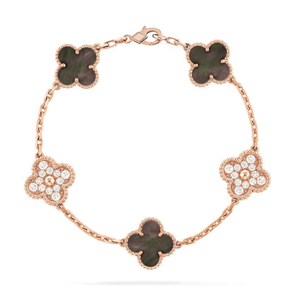 [Lumi Jewels]BRACELET CLOVER 5 MOTIFS Nacre Noire et Diamants Or Rose