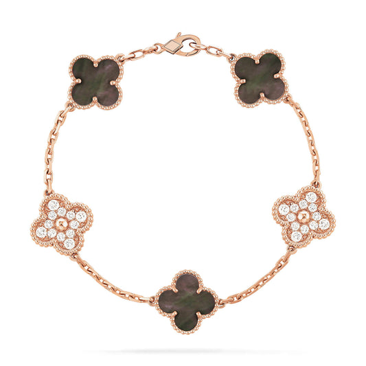 [Lumi Jewels]CLOVER 5 MOTIFS DARK MOP AND DIAMONDS PINK GOLD BRACELET