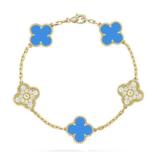 [Lumi Jewels]BRACELET CLOVER 5 MOTIFS CHALCEDOINE BLEUE ET DIAMANTS EN OR