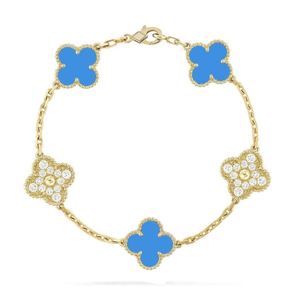 [Lumi Jewels]CLOVER 5 MOTIF BLUE CHALCEDONY DIAMOND GOLD BRACELET