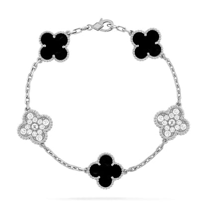 [Lumi Jewels]BRACELET CLOVER 5 MOTIFS ONYX DIAMANTS ARGENT
