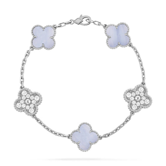 [Lumi Jewels]BRACELET CLOVER 5 MOTIFS DIAMANTS CHALCÉDOINE VIOLETTE ARGENT