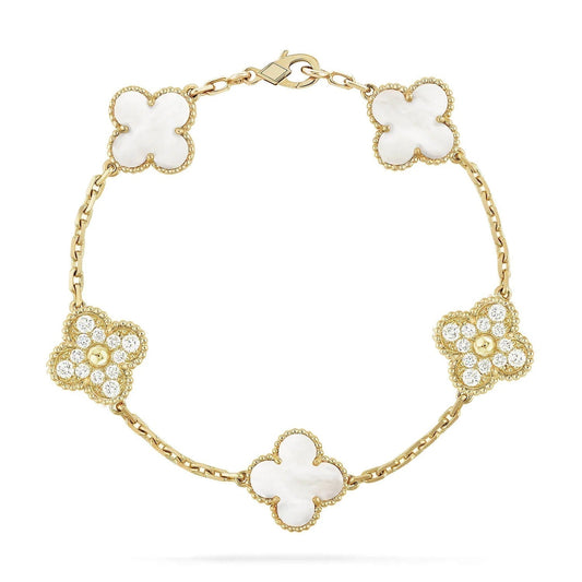 [Lumi Jewels]BRACELET TRÈFLE 5 MOTIFS NACRE BLANCHE DIAMANT