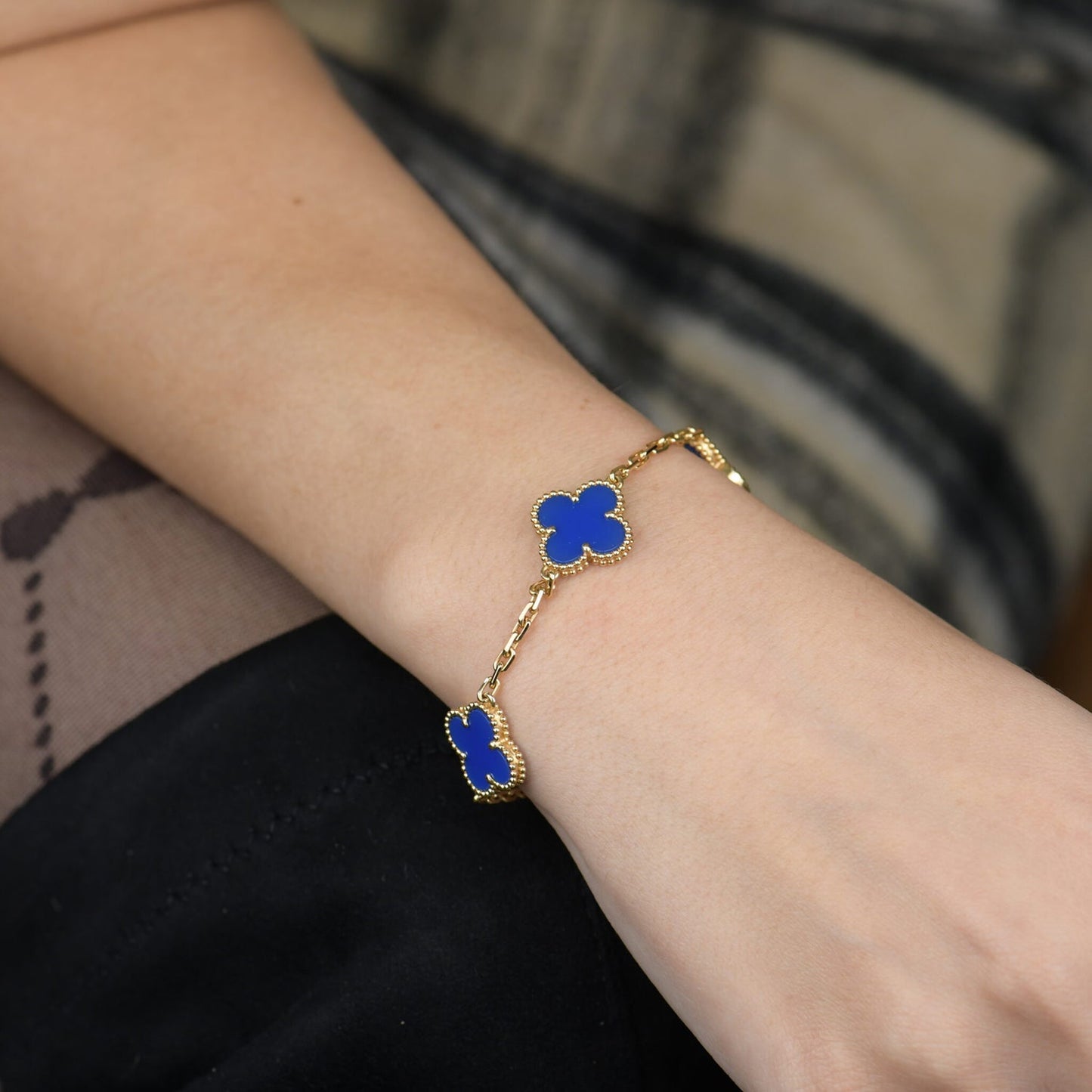 [Lumi Jewels]BRACELET TRÈFLE 5 MOTIFS AGATE BLEUE