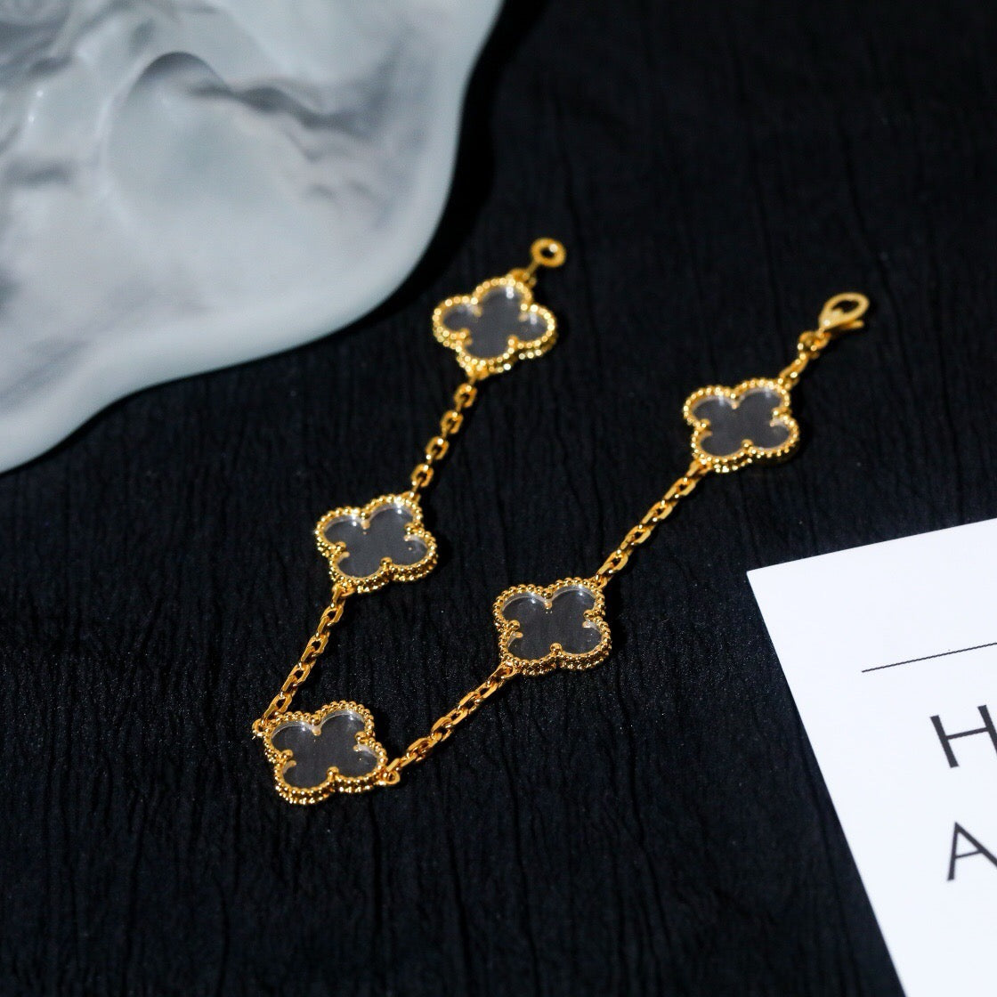 [Lumi Jewels]CLOVER 5 MOTIF ROCK CRYSTAL PINK GOLD BRACELET