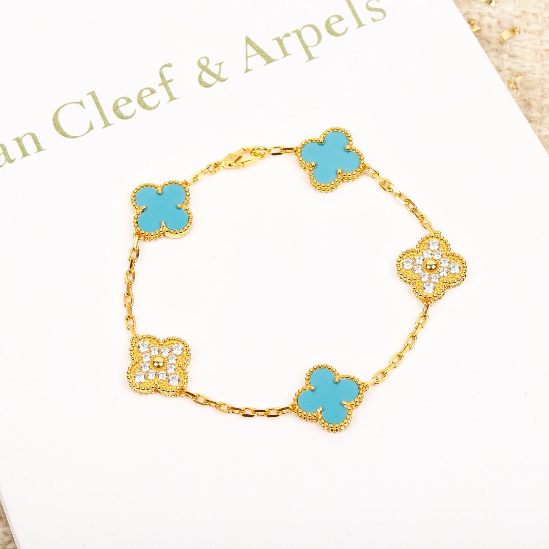 [Lumi Jewels]BRACELET CLOVER 5 MOTIF TURQUOISE DIAMANT OR