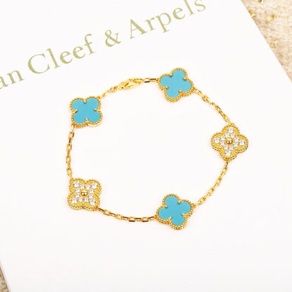 [Lumi Jewels]BRACELET CLOVER 5 MOTIF TURQUOISE DIAMANT OR