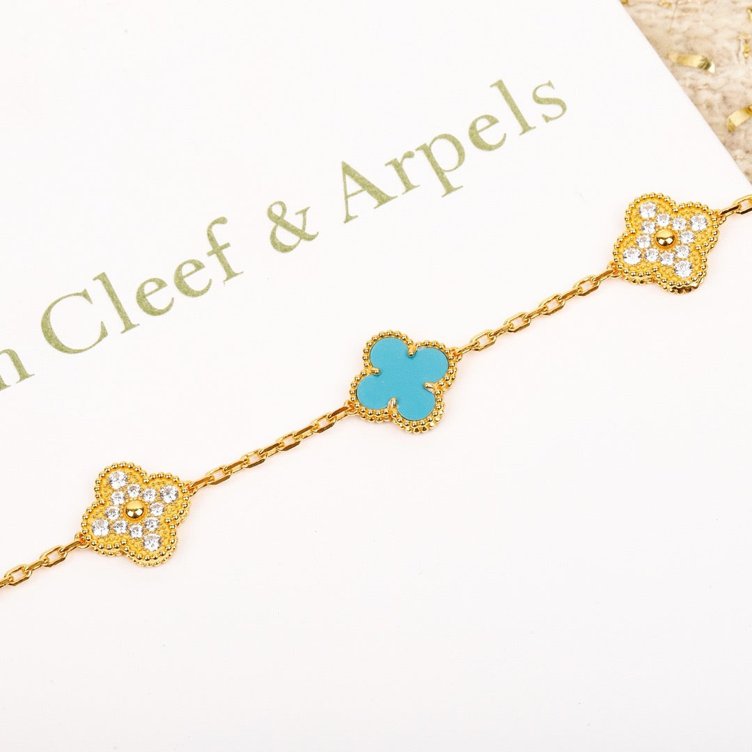 [Lumi Jewels]CLOVER 5 MOTIF TURQUOISE DIAMOND GOLD BRACELET